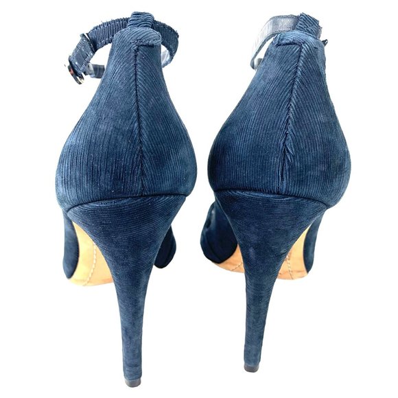 ALICE + OLIVIA Makayla Navy Blue Kid Suede Ankle Strap Stilettos - Picture 7 of 11